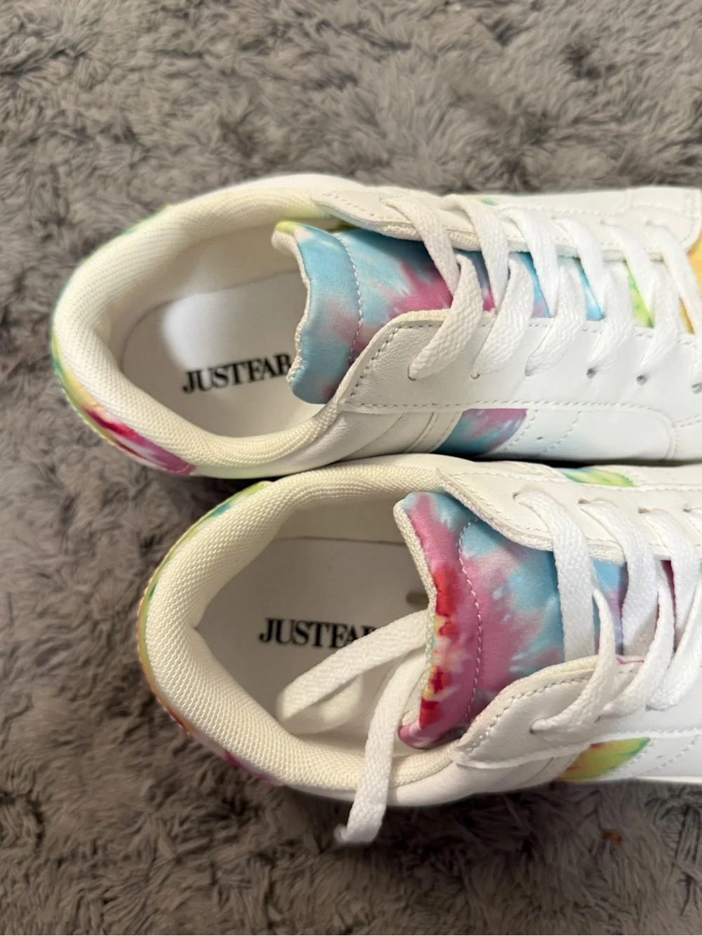 JustFab White Sneakers with Rainbow Tie-Dye Accents 7.5